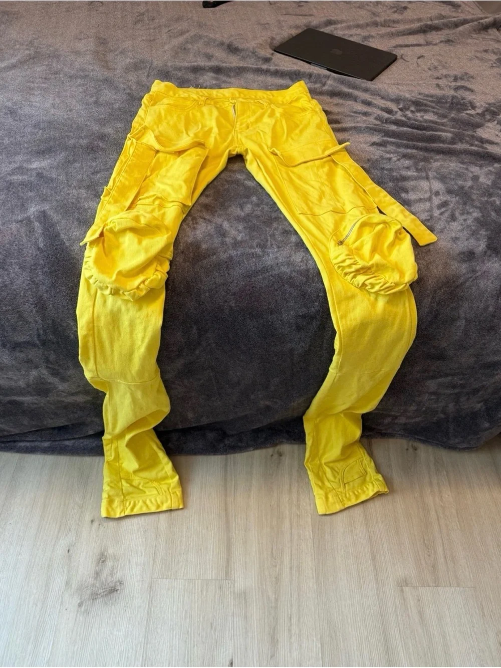 Cliche Jeanius Studios Yellow Cargo Pants Mens 30 Lil Durk Stacked Denim Jeans
